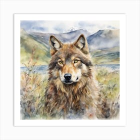 Wolf in Scottish Mountains Sits Amongst Heather Art Print