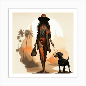 Boho Art Silhouette of a stylish woman with a dachshund dog 1 Art Print