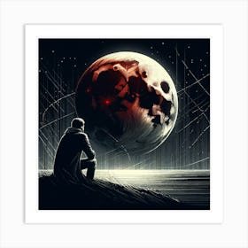 Man Looking At The Blood Moon: A Noir and Geometric Concept Art Art Print