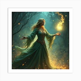 Sorceress Casting A Spell With Glowing, Swirling Energy Art Print