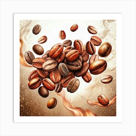 Coffee Beans Flying In A Stream Of Coffee Art Print