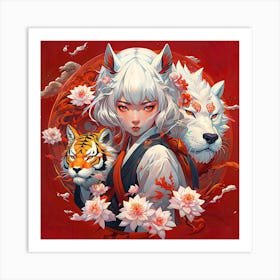 Asian wolf Girl With Tigers and flowers Art Print