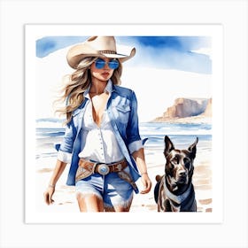 Coastal Cowgirl on Beach with Dog 2 Art Print