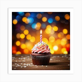 Birthday Celebration Cupcake Adorned With Vibrant Hued Frosting Single Candle Alight Casting A So (7) Art Print