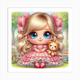 Little Girl In Pink With Bear Art Print