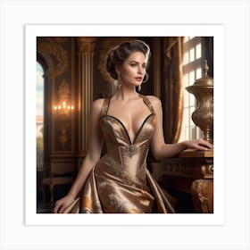 Beautiful Woman In Gold Dress Art Print