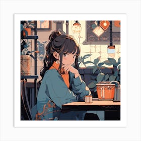 Anime Girl Sitting At A Table Art Print