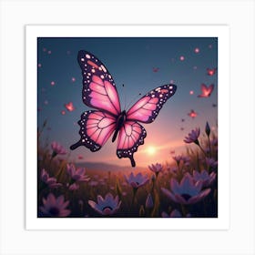 A Whimsical Butterfly With Wings Of Shimmering, Neon Light Flitting Through A Dreamlike Field Art Print