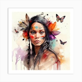 Watercolor Floral Indian Native Woman #6 Art Print