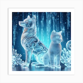 Crystal ice dog and cat statue 3 Art Print