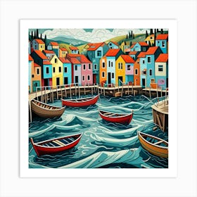 Fishing Village With Swirling Water Cubism Style Art Print