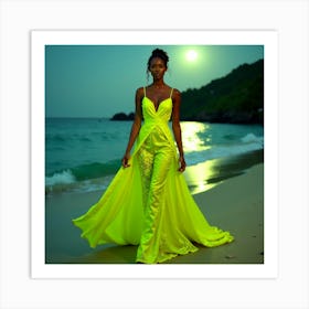 Yellow Dress On The Beach Art Print