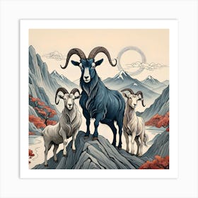 Three Goats On The Mountain, Blue, Gray And White Art Print