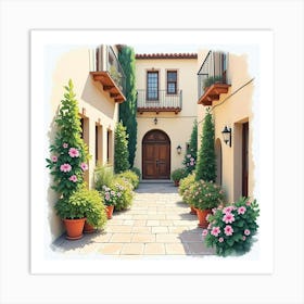 Watercolor Painting Of A Serene Spanish Courtyard With Blooming Flowers Art Print