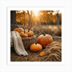 Vibrant Autumn Pumpkins In A Basket Art Print