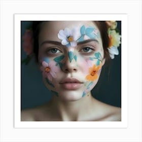 Beautiful Woman With Flowers On Her Face Art Print