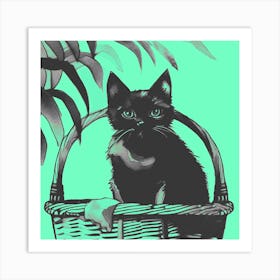 Black Kitty Cat In A Basket Pastel Green 1 Art Print
