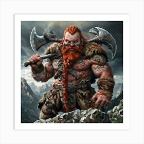 Stocky Dwarven Barbarian On Cliff With War Axe Art Print