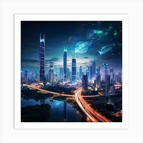 Bangkok Cityscape Set In A Futuristic Era Skyscrapers Ablaze With Neon Lights Merging Seamlessly W (4) Art Print