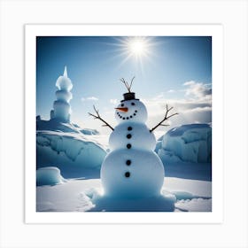 Snowman In The Snow Art Print