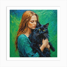 Girl With A Black Cat Art Print