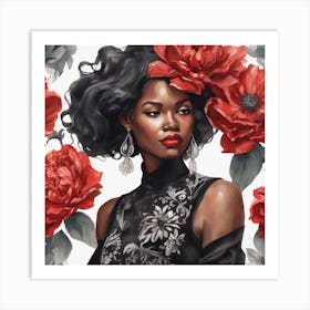 Black Woman With Red Flowers Art Print