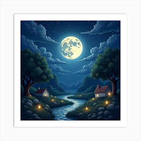 Enchanting Moonlit Night With Shimmering Fairy Lights 1 Art Print