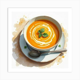 Watercolor Painting Of A Rich And Creamy Butternut Squash Soup On A Stylish Kitchen Table Art Print