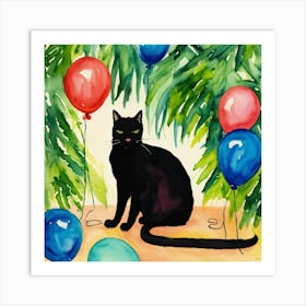 Black Cat With Balloons 2 Art Print