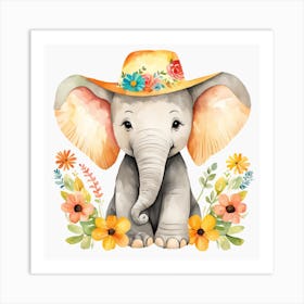 Floral Baby Elephant Nursery Illustration (1) Art Print