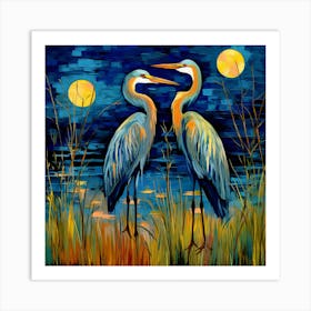 Blue Herons At Night Art Print