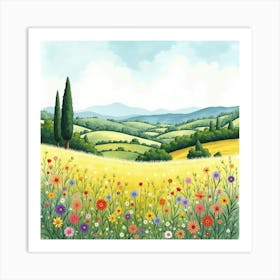 Scenic Watercolor Of An Italian Countryside With Fields Of Wildflowers 1 Art Print