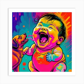 Baby Laughing With Dog Art Print