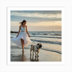 Girl Walks Her Dog On The Beach Art Print