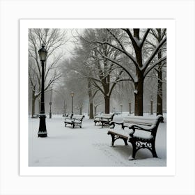 Snowy Park Benches Art Print