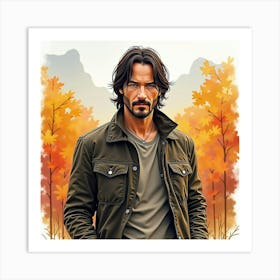 Watercolor Portrait Of Keanu Reeves In A Vibrant Autumn Landscape Art Print