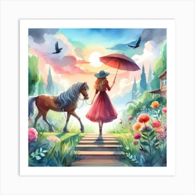 Girl With Horse And Umbrella Art Print