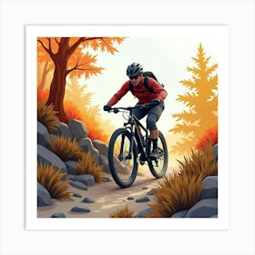 Mountain Bike On A Rugged Trail With Vibrant Autumn Leaves Watercolor 1 Art Print