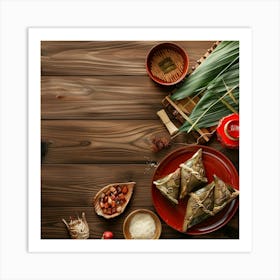 Dragon Boat Festival Wooden Table From Above 3 4 Art Print