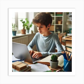 Boy Using Laptop At Home Art Print
