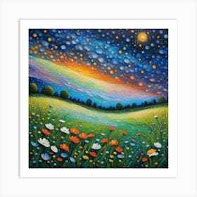 Stellar Dawn: A Floral Symphony Under Cosmic Skies. Landscape wall art Art Print