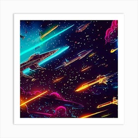 Night Sky Neon Spaceship Drawing Art Print