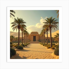 Ancient Egyptian Temple Surrounded By Lush Palm Trees And Golden Sand Dunes 1 Art Print