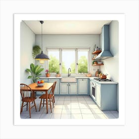 Bright And Airy Kitchen, Watercolor Painting, Inviting Design 1 Art Print