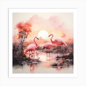 Morning Radiance: Flamingos in the Gentle Sunlight Art Print