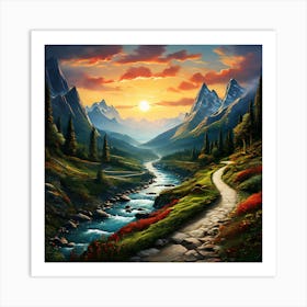 Path Through The Mountains, A Winding Path Through Various Landscapes Mountains Forests Rivers Indicating The Thrill 1 Art Print