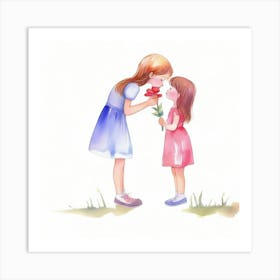 Little Girl Kissing A Flower Art Print