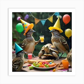 The Birds Looking Shocked And Surprised To See Tortoise At Their Party Art Print