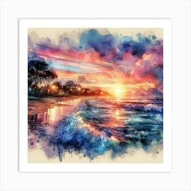 Watercolor Sunset On The Beach Art Print