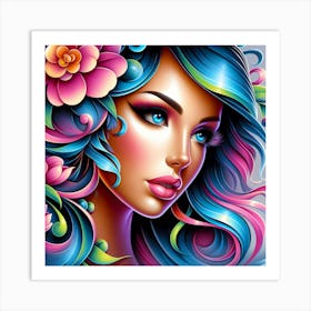 Colorful Girl With Flowers 3 Art Print